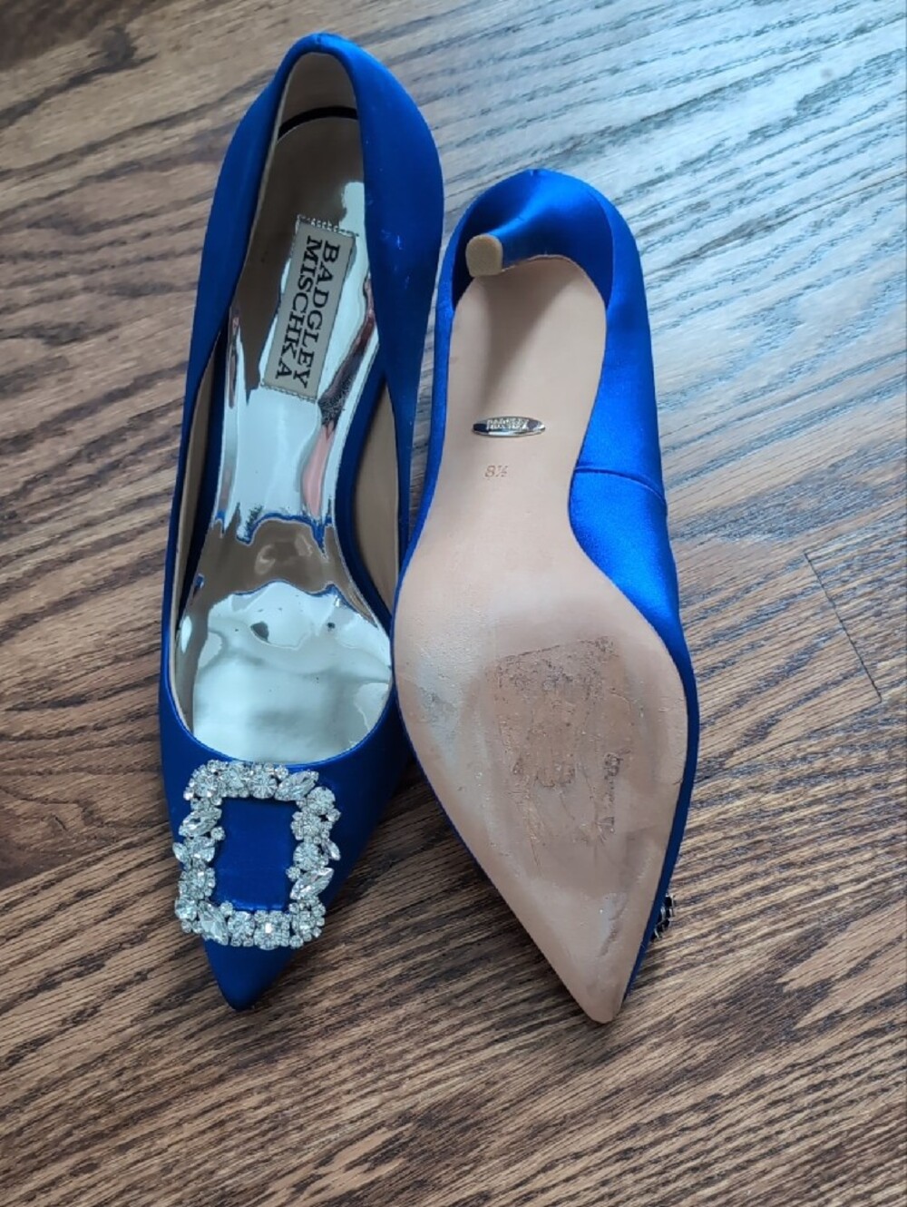 Badgley Mischka Cobalt Blue Satin Pointed-Toe Pumps with Crystal Buckles - Picture 7 of 8